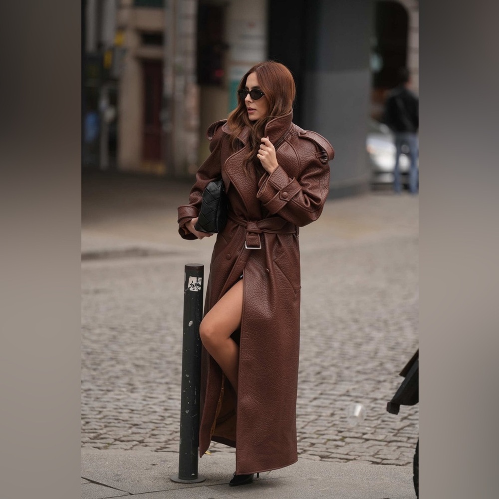 NEW KAOA Gabardine Textured Trench Coat Faux Leather Brown Oversized Medium NWT